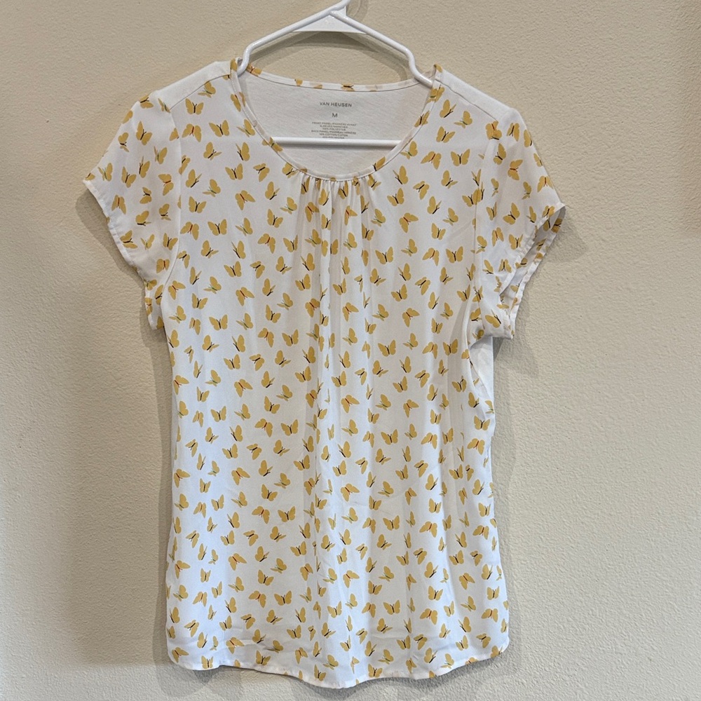 Van Heusen White Blouse With Yellow Butterfly Print Poly Front Cotton Back Med